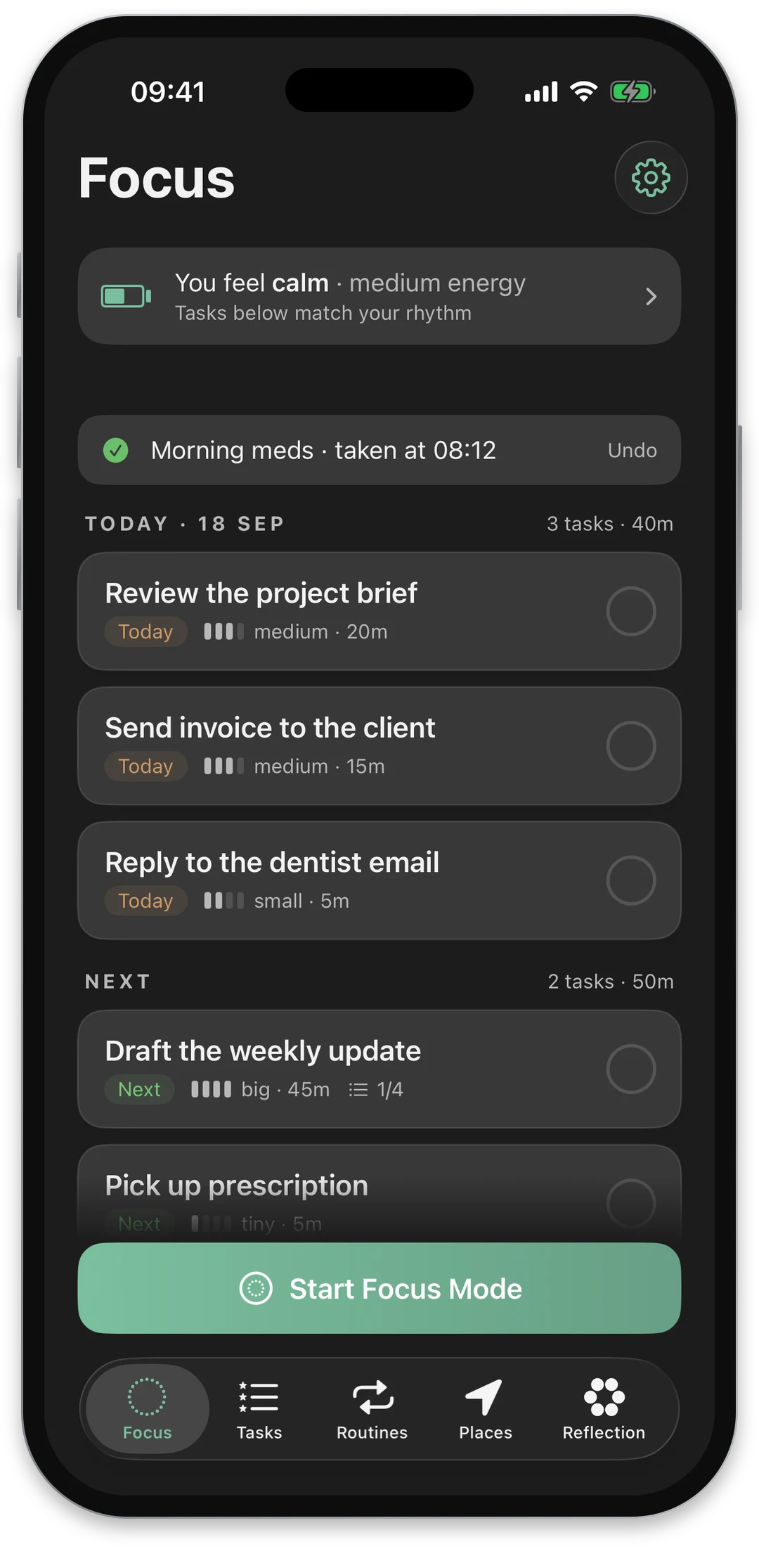 Rhevio Focus screen showing your energy and the tasks that match it