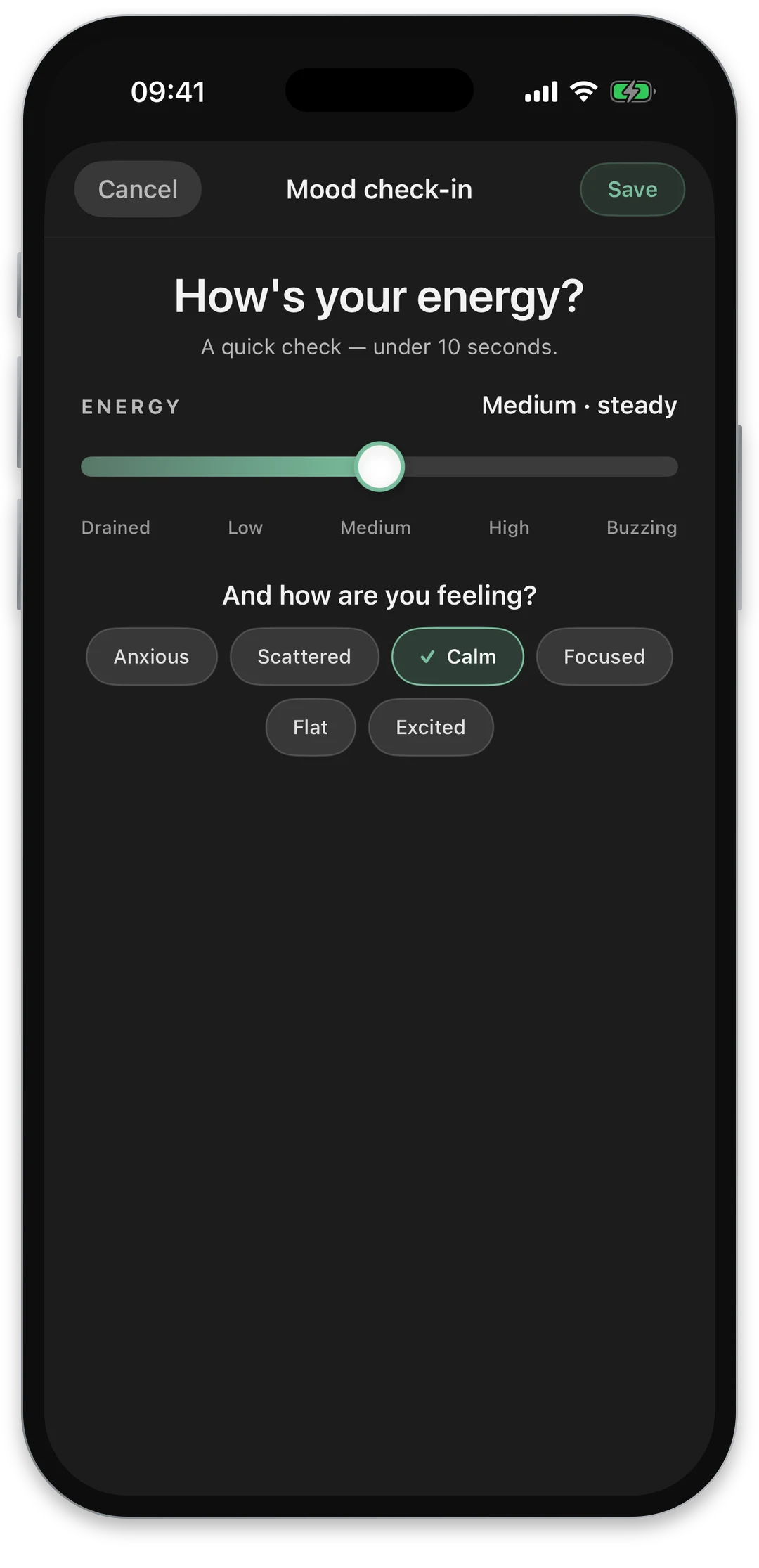 Rhevio mood check-in asking how your energy feels