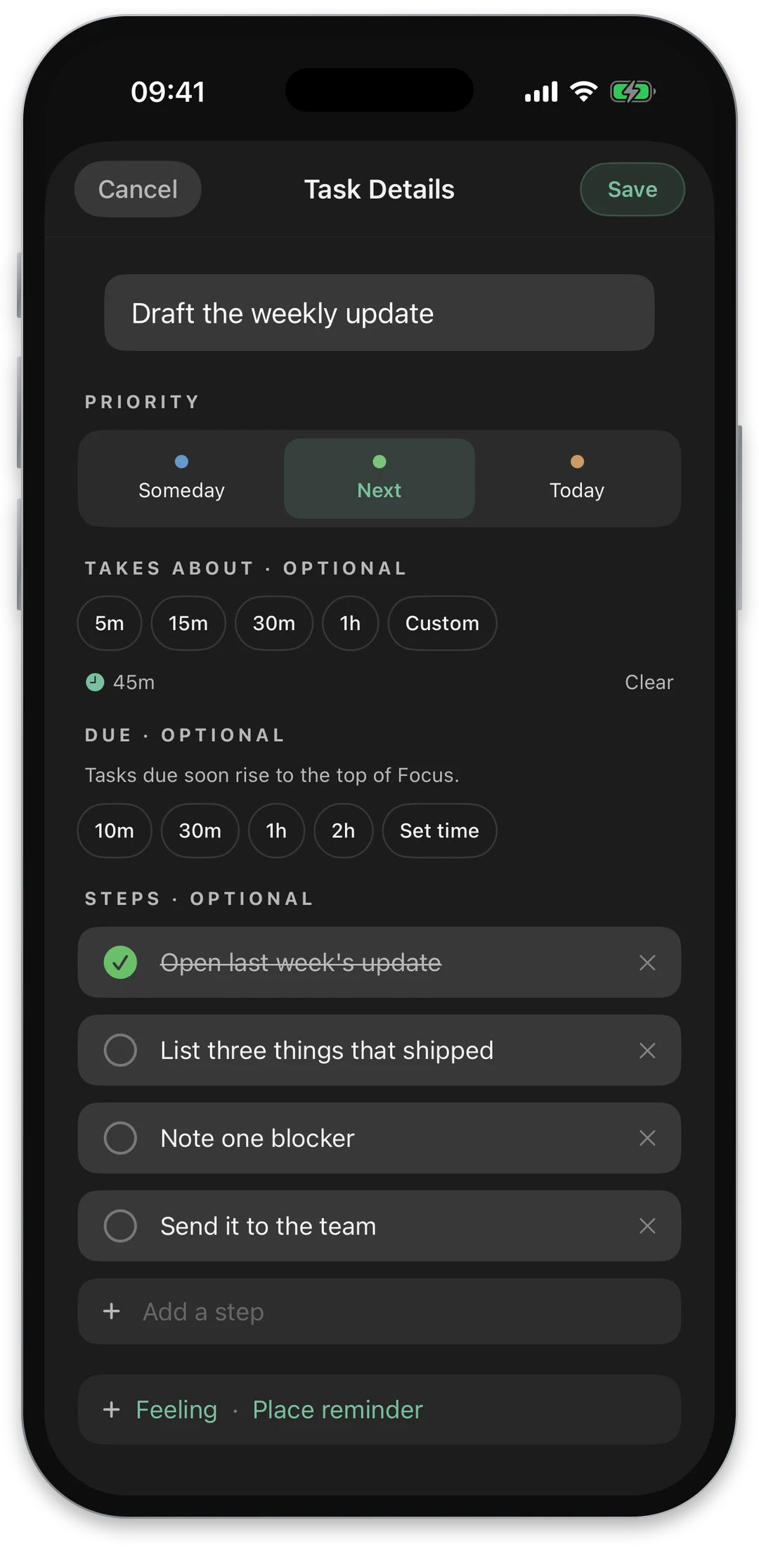 Rhevio task broken down into four small steps, the first one done