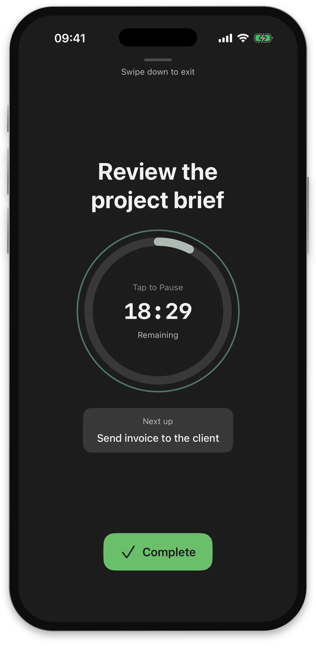 Rhevio focus mode screen showing a single task