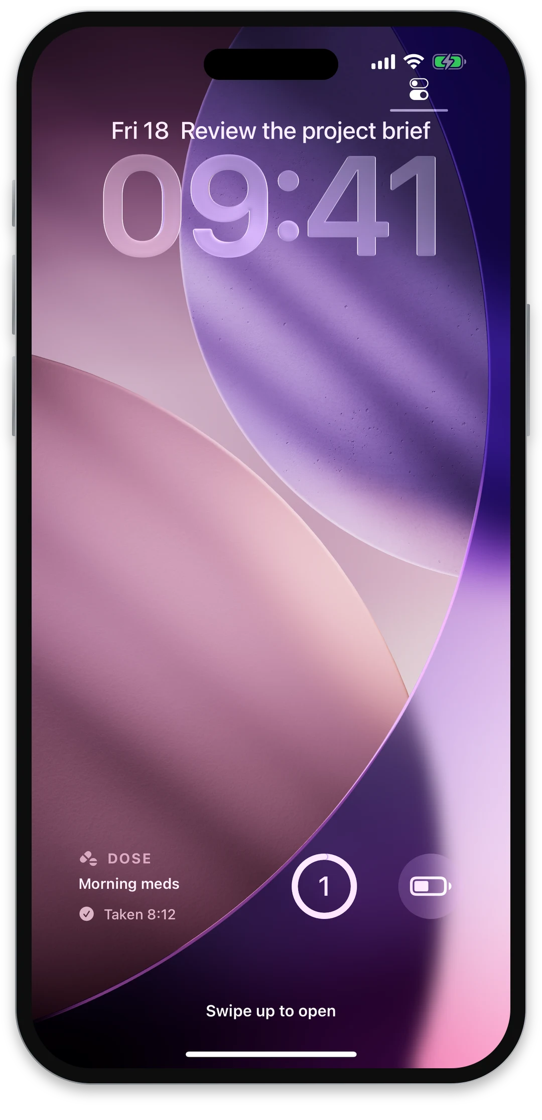 iPhone Lock Screen with Rhevio widgets showing today's dose was taken